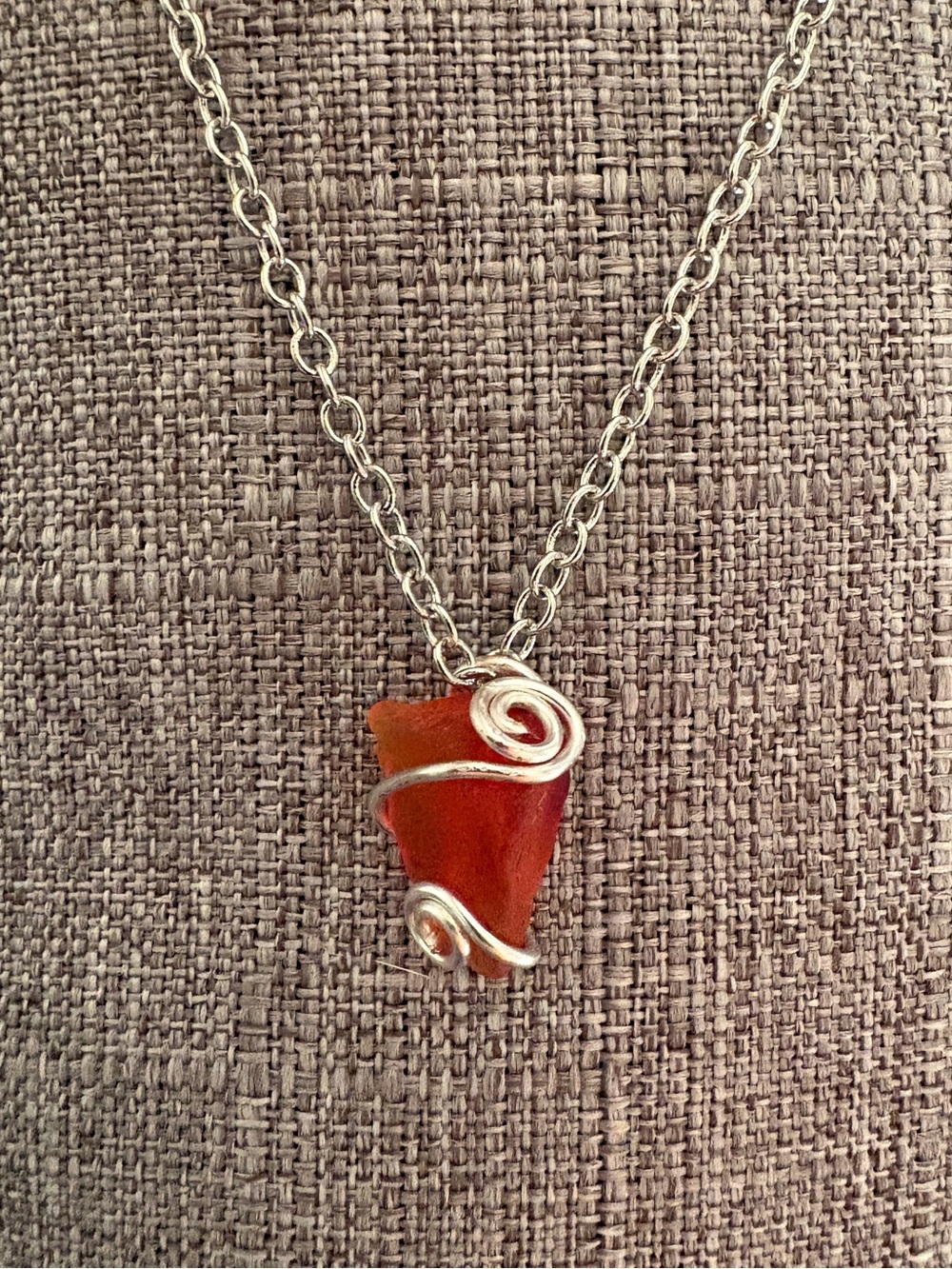 Handcrafted Dark Orange Red Sea Glass Pendant Necklace - Silver Plated Wire Wrap